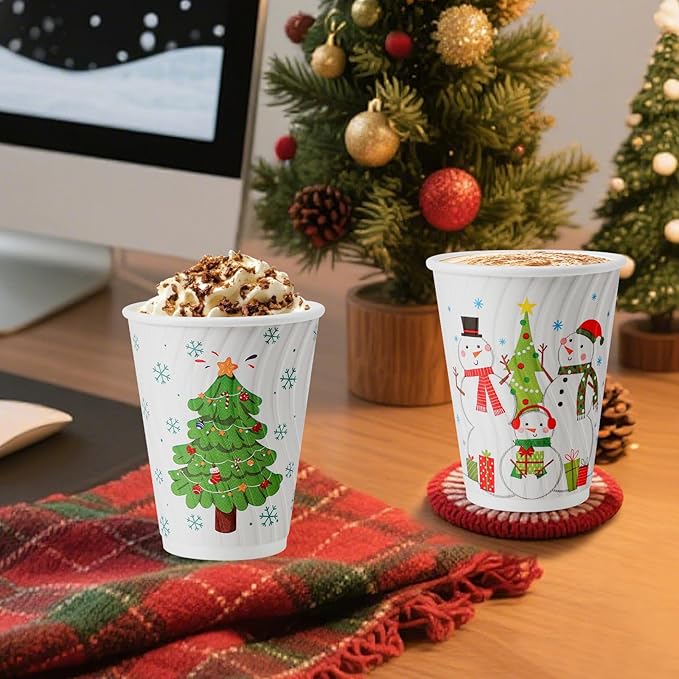 Lamosi 12 oz Christmas Coffee Cups Disposable 120 Pack, Insulated Corrugated Paper Cups 12 oz for Hot Beverage, Espresso, Coffee
