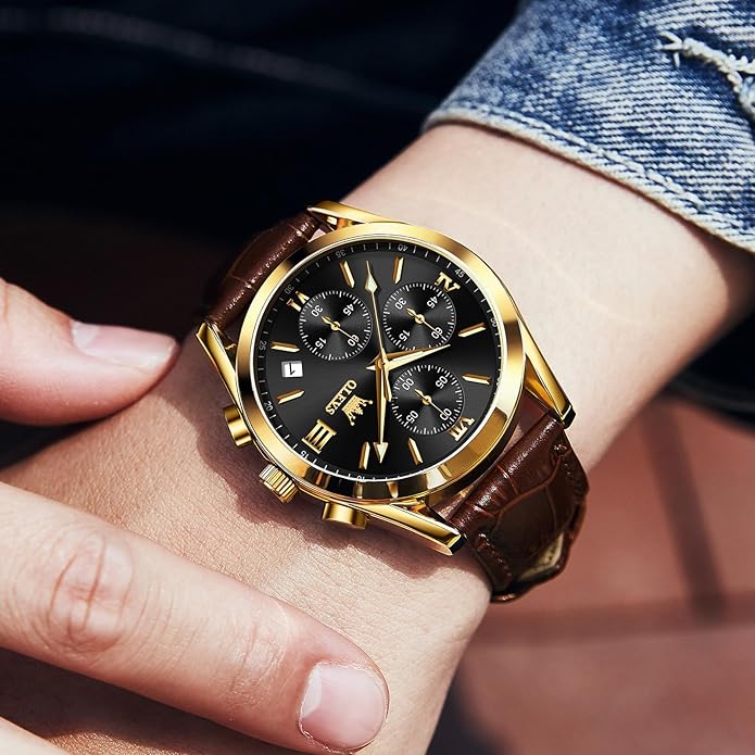 OLEVS Men's Chronograph Leather Watch, Big Face Easy to Read Analog Quartz Dress Watch, Casual Waterproof Luminous Hands Date Watches for Men, White/Blue/Black/Gold Dial