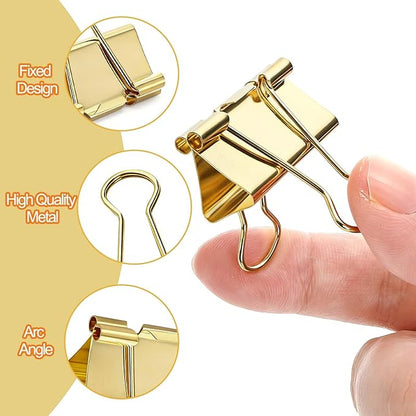 Fasmov 174 Pcs Gold Binder Clips Paper Clamps, Assorted Sizes Paper Clamps Clips (Small, Medium, Large), Office Clip with Container, Binder Clip for Office School and Home Supplies