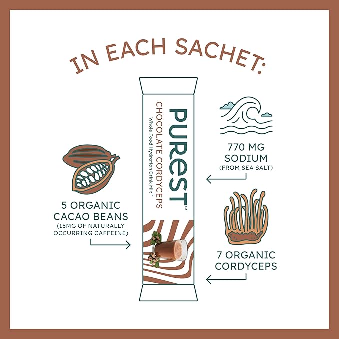 Organic Chocolate Hydration Powder Packets with Solar Sea Salts & Organic Freeze-Dried Fruit for Instant Hydration, No Added Sugar Electrolytes, 26 Packets