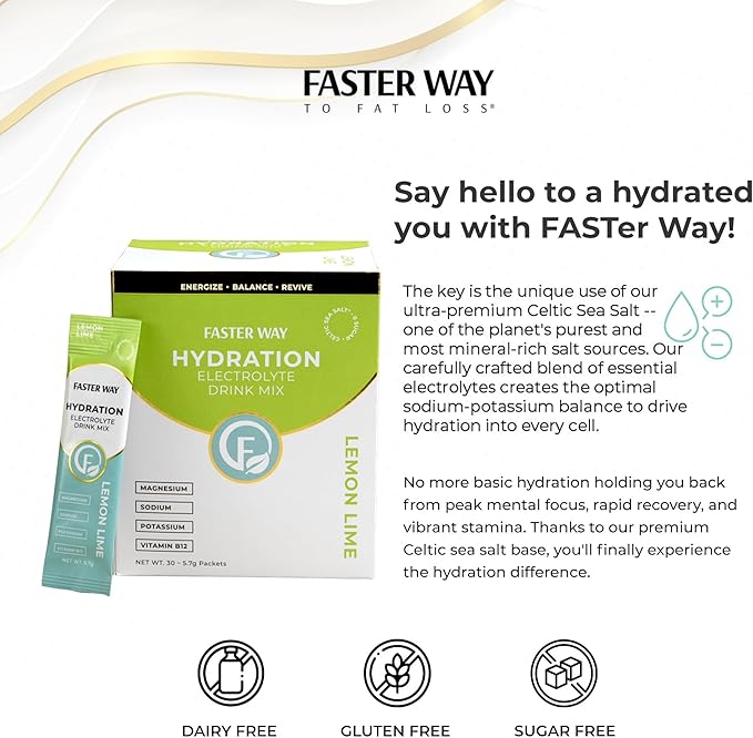 Faster Way - Hydration - Electrolyte Drink Mix - With Apple Cider Vinegar, Choline, Probiotics & Natural B Vitamins - Energize & Revive - Powder Packets - Zero Sugars -Gluten Free -Lemon Lime -30 Pack