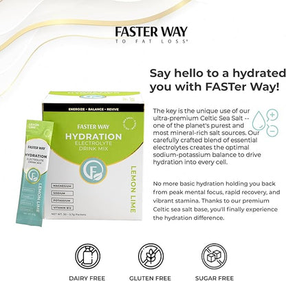 Faster Way - Hydration - Electrolyte Drink Mix - With Apple Cider Vinegar, Choline, Probiotics & Natural B Vitamins - Energize & Revive - Powder Packets - Zero Sugars -Gluten Free -Lemon Lime -30 Pack