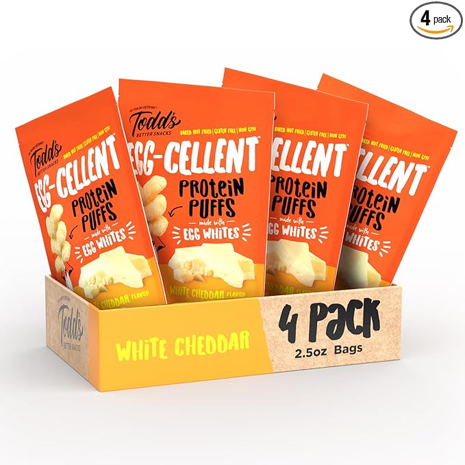 Todd's Better Snacks Egg-Cellent Protein Puffs, White Cheddar – 12g Protein, Gluten-Free, Paleo-Friendly, Baked, GLP-1 Compliant – Healthy Snack, Made with Egg Whites – 2.5 Oz (Pack of 4)