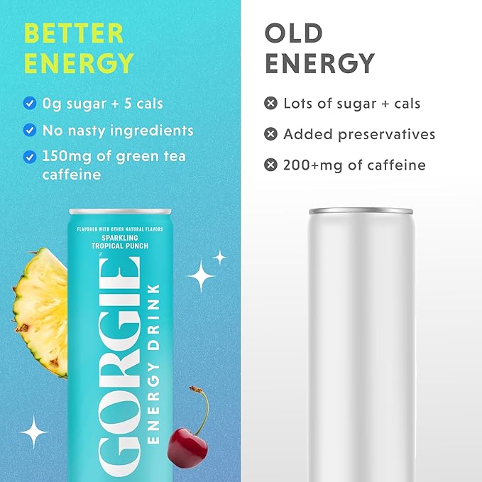 GORGIE Tropical Variety, Sugar-Free Natural Energy Drink Sparkling, Healthy Energy Drinks - Green Tea, Biotin, B Vitamins -150mg Caffeine, Vegan, & Low Calorie (Pack of 12)
