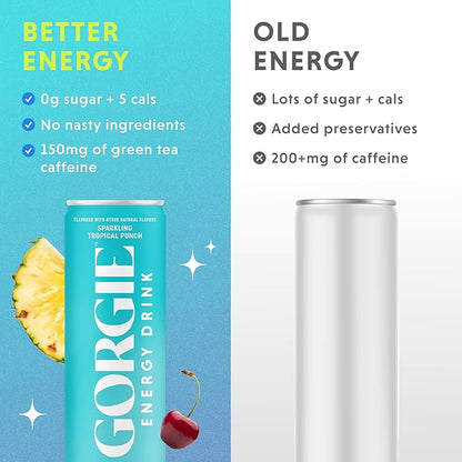 GORGIE Tropical Variety, Sugar-Free Natural Energy Drink Sparkling, Healthy Energy Drinks - Green Tea, Biotin, B Vitamins -150mg Caffeine, Vegan, & Low Calorie (Pack of 12)