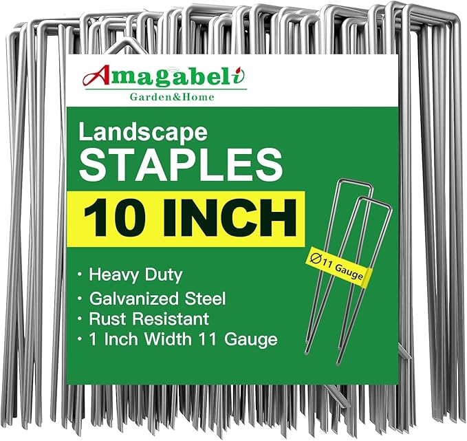AMAGABELI GARDEN & HOME 300 Pack Galvanized Landscape Staples 10 Inch 11 Gauge Garden Staples Garden Stakes Plant Cover Stakes U-Shaped Landscape Stakes Landscape Pins for Weed Barrier Fabric
