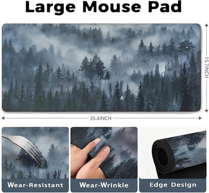 Grey Forest Patterns Desk Mat, Large Gaming Mouse Pad Non-Slip Rubber Base with Stitched Edges, Waterproof Protection for PC Laptop Home Office Desk Decor (35.4x15.7in)