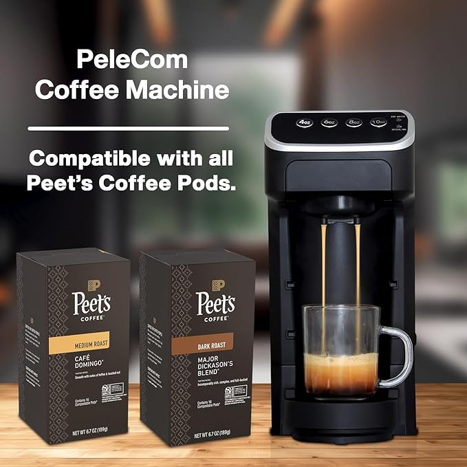 PeleCafe Coffee Machine – Compatible with Peet's Coffee Pods – Fast Brewing Single-Serve Coffee Maker with Rich Flavor Extraction, Crema Layer, Space-Saving Sleek Design, Barista-Quality Taste