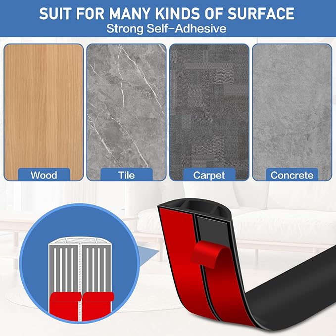 Floor Cord Cover Self Adhesive Cord Hider Floor Extension Cord Covers for Floor Power Cord Protector Cable Management Prevent Cable Trips Cable Cavity 0.51" W x 0.31" H (Black, 10Ft)