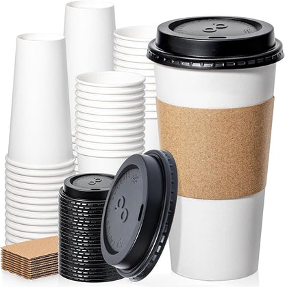 Fit Meal Prep 50 Pack 20 oz Disposable Coffee Cups with Lids, Sleeves, Leak-Proof To Go Coffee Cups with Lids, Durable Paper Cups for Hot Beverage, Home, Office, Party