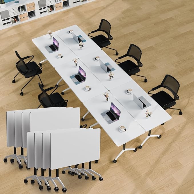 Conference Table Folding Conference Room Tables, Modern Mobile Meeting Training Table with Silent Wheels, Foldable Seminar Table for Offices, Classrooms, Libraries (8, white2, 55.1in)