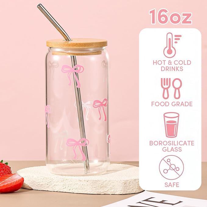Coquette Cute Pink Bow Glass Cups with Lids and Straws, Aesthetic Iced Coffee Cup, Girly Preppy Design Tumbler Mug for Teen Girls Women Girlfriends Gifts