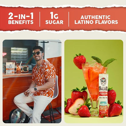Salud 2-in-1 Hydration Packets + Immunity Electrolytes Powder, Strawberry - Fresca Agua Fresca Drink Mix, Elderberry, Dairy & Soy Free, Non-GMO, Gluten Free, Vegan, Low Calorie, 1g Sugar (15 Servings)