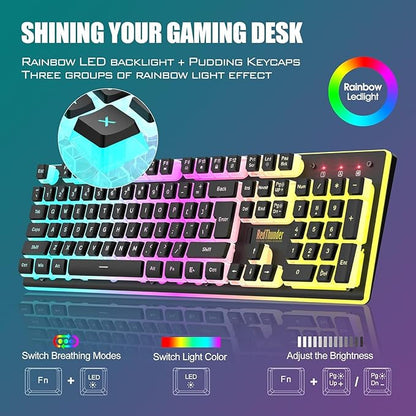 RedThunder K10 Wireless Gaming Keyboard and Mouse Combo, RGB Backlit Rechargeable 3800mAh Battery, Mechanical Feel Anti-ghosting Keyboard with Pudding Keycaps + 7D 3200DPI Mice for PC Gamer (Black)
