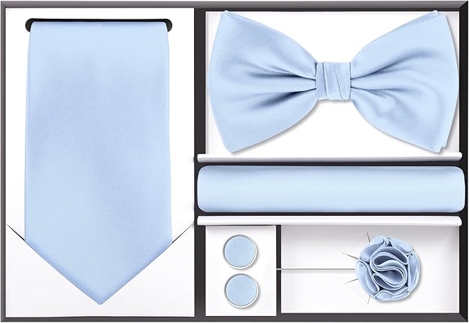 TIE G 5pcs Tie Set in WHITE OR BLACK GIFT BOX: Solid Color Necktie, Satin Bow Tie, Pocket Square, Lapel, Cuff Links