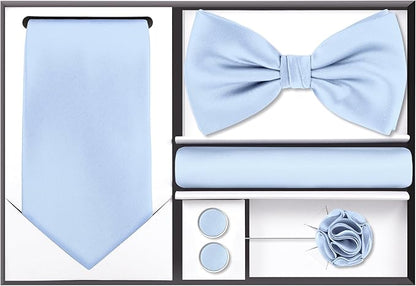 TIE G 5pcs Tie Set in WHITE OR BLACK GIFT BOX: Solid Color Necktie, Satin Bow Tie, Pocket Square, Lapel, Cuff Links