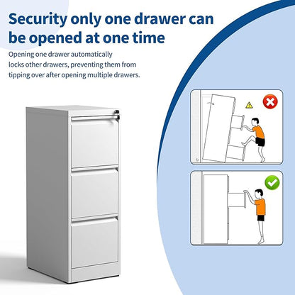 3-Drawer Locking Vertical File Cabinet, Metal Storage Cabinet for Office/Home – Secure Vertical Filing for Letter/Legal/A4/F4 Documents, Easy to Assemble Steel Cabinet (White, 3 Drawer-40 H)
