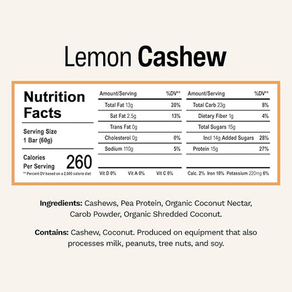 Rise Pea Protein Bar - Vegan Lemon Cashew | Breakfast Bar & Protein Snack 15g Protein Just 3 Whole Food Ingredients Non-GMO Gluten-Free Soy Free