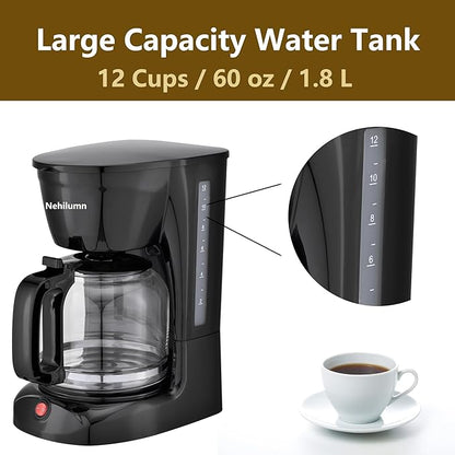 12 Cup Drip Coffee Maker, Coffee Pot Machine Permanent Coffee Filter,1.8L Glass Carafe Electric Coffee Maker,950W Black