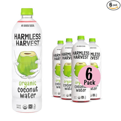 Harmless Harvest Coconut Water Organic Drink 32 Fl Oz - Natural Electrolyte Hydration, No Sugar Added, No Artificial Ingredients, Original Coconut Water, 6 Pack