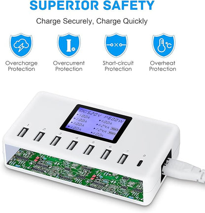 60W 12A 8-Port USB Charging Station - Multi Port USB Hub Charger with LCD Display - Compatible with iPhone, iPad, Samsung, Kindle, Tablet, Bluetooth Earbuds and More