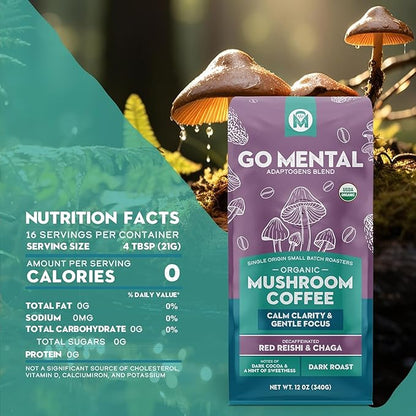 Organic Mushroom Decaffeinated Coffee Dark Roast, Swiss Water Water Process, Red Reishi & Chaga, Decaf for Calm and Relaxed Focus, Grade 1 Single Origin Peruvian 12oz - Ground (2 Pack)