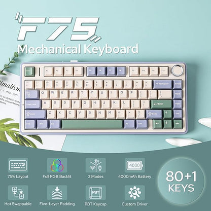 EPOMAKER x Aula F75 Gasket Mechanical Keyboard, 75% Wireless Hot Swappable Gaming Keyboard with Five-Layer Padding&Knob, Bluetooth/2.4GHz/USB-C, RGB (Green, LEOBOG Reaper Switch)