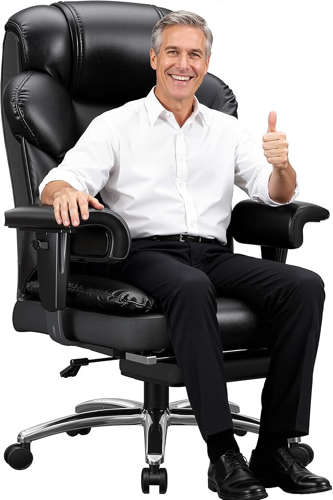 Office Chair with High Back,28.7" Deep Seat,Big and Tall Executive Leather Office Chair with Foot Rest & Arms,Reclining Desk Chair Ergonomic with Lumbar Support for Home Office,Blcak