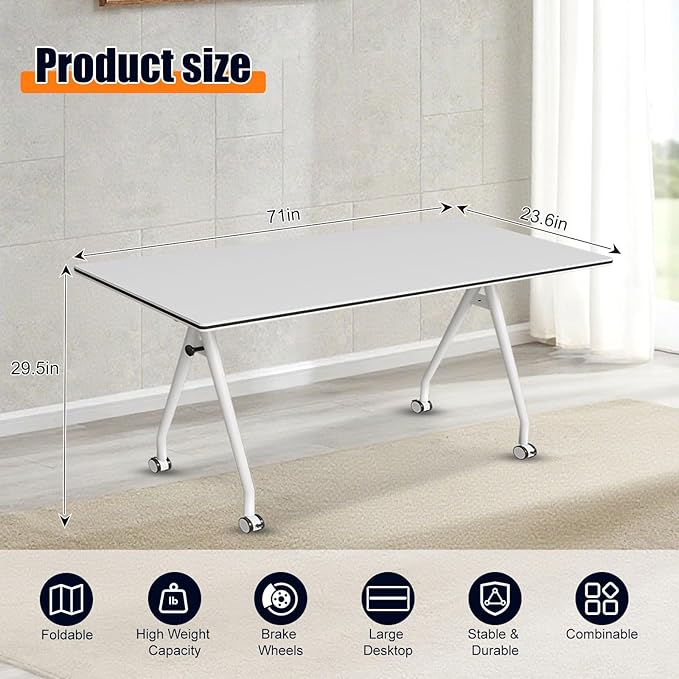 Folding Conference Table, Rectangular Conference Room Tables, Mobile Modular Training Table, Solid Steel Frame,Thickened Panel,for Offices,Meeting Room,Offices andSchools (6, White, 71in)