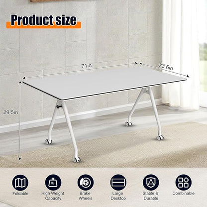 Folding Conference Table, Rectangular Conference Room Tables, Mobile Modular Training Table, Solid Steel Frame,Thickened Panel,for Offices,Meeting Room,Offices andSchools (6, White, 71in)
