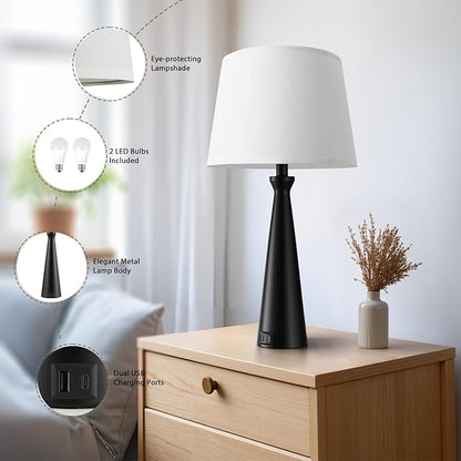 Seealle Single Modern Table Lamp - Touch Bedside Lamp for Nightstand with USB C+A,3-Way Dimmable Black Nightstand Lamp for Living Room Bedroom End Table(Bulb Included)