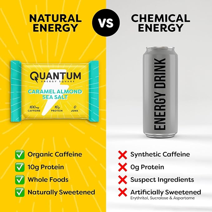 Quantum Energy Square: Energy Bar with Caffeine & 10g Protein. Delicious Healthy Snack On The Go. (Vegan, Gluten-free, Soy-free, Dairy-free) (Caramel Almond Sea Salt)