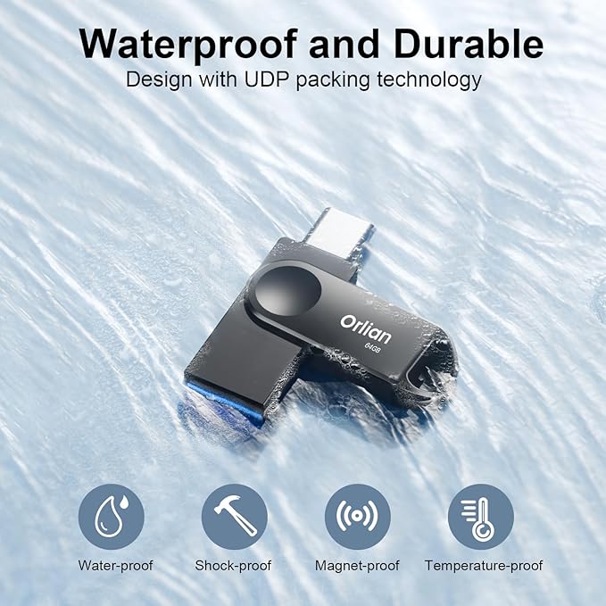 64GB USB C Flash Drive Dual USB 3.0 Thumb Drive Type-C & USB-A up to 110MB/S Metal UDP Waterproof Swivel Design Memory Stick for Phone Android Tablet iPhone 15/16 Computer PC and More Black