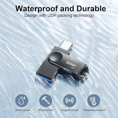 64GB USB C Flash Drive Dual USB 3.0 Thumb Drive Type-C & USB-A up to 110MB/S Metal UDP Waterproof Swivel Design Memory Stick for Phone Android Tablet iPhone 15/16 Computer PC and More Black