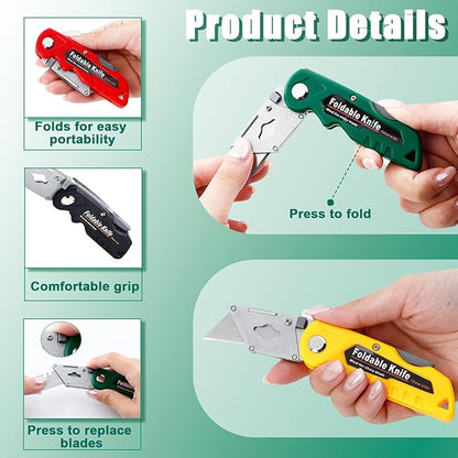 10 Pack Folding Utility Knife, Folding Box Cutter with 30 Extra Blades, Heavy Duty Utility Knife, Pocket Box Cutter for Cardboard, Boxes, Stainless Belt Clip, Quick Change Blades