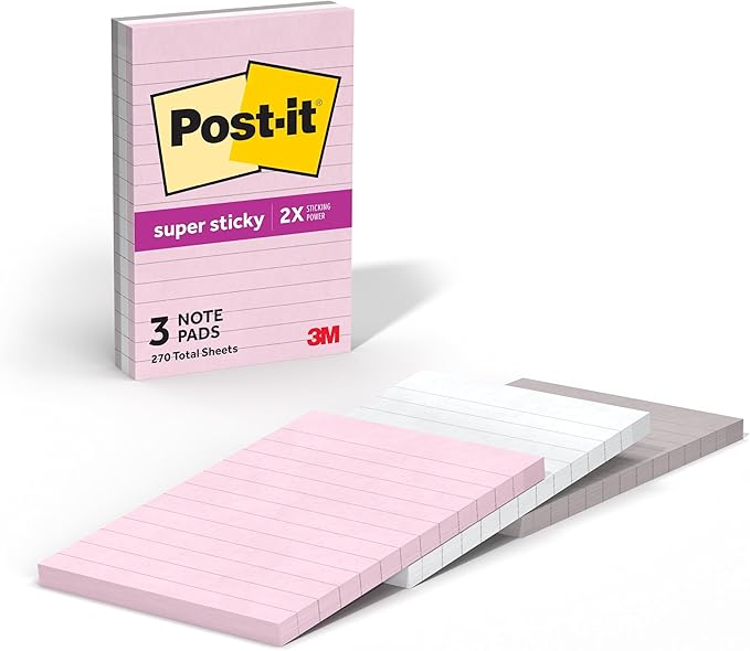 Post-it Super Sticky Lined Notes 4 in x 6 in, Simply Serene 3 Pads/Pack, 90 Sheets/Pad 100% PEFC, SGSCH-PEFC-COC-110078