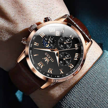 OLEVS Men's Leather Analog Quartz Watch - Luxury Chronograph Wristwatch With Date, Waterproof, Luminous - Dress Style