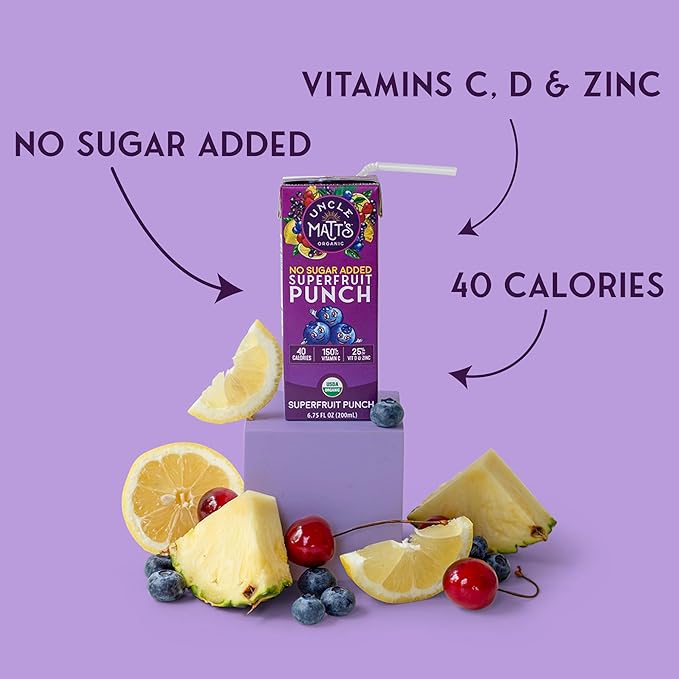 Uncle Matt’s Organic No Sugar Added Superfruit Punch Juice Boxes for Kids with Vitamin C, D, Zinc, Only 40 calories, 32 pack of 6.75 oz Boxes