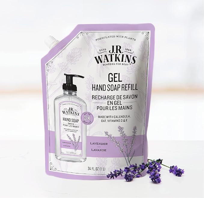 J.R. Watkins Gel Hand Soap Refill, Moisturizing Hand Wash, Alcohol-Free, Cruelty-Free, Lavender, 34 Fl Oz (Pack of 3)