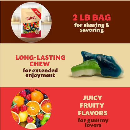 Gummy Sharks Candy Mix | 2 Pound Bag | Assorted Fruit Flavors Shark Gummies | Chewy Gummy Fish for Parties and Candy Buffets | Blue Raspberry, Lime, Lemon, Cherry