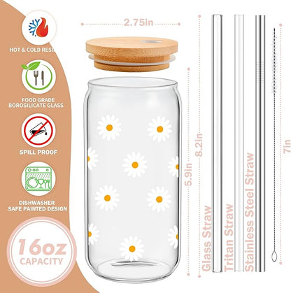 Cute Glass Cups with Lids and Straws, Daisy Flower Iced Coffee Smoothie Matcha Cup Tumbler Christmas Birthday Gifts for Women Sister Friend Her Preppy Teenage Girls Teen Girl Gifts Trendy Stuff Things