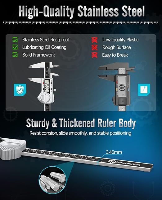 Housolution Digital Caliper 6 inch,(ABS) Absolute Scale Caliper,IP54 Caliper Measuring Tool, Inch/MM, Auto-Off LCD Stainless Steel Waterproof Micrometer Vernier Caliper, with Steel Ruler, Silver