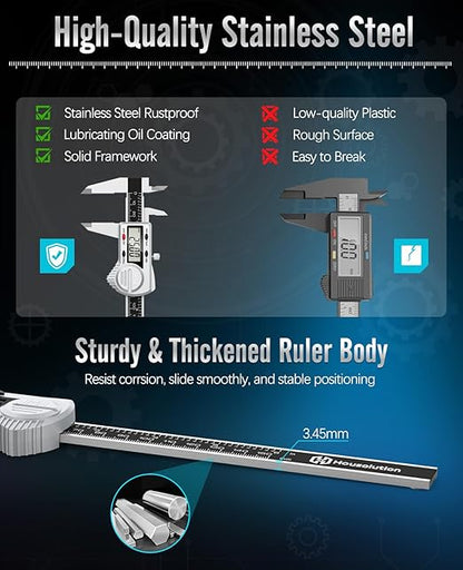 Housolution Digital Caliper 6 inch,(ABS) Absolute Scale Caliper,IP54 Caliper Measuring Tool, Inch/MM, Auto-Off LCD Stainless Steel Waterproof Micrometer Vernier Caliper, with Steel Ruler, Silver
