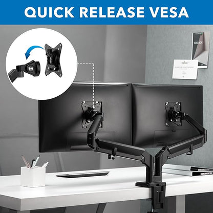 Mount-It! Dual Monitor Arm for 2 Monitors 17" to 32" Screens, Holds 19.8lbs per Arm, Height Adjustable, Tilt/Swivel/Rotate, Gas Spring System, Max VESA 100x100, C-Clamp & Grommet Base