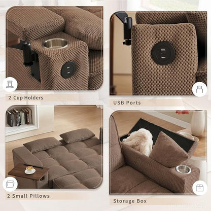 65'' Convertible Sleeper Sofa Bed with Adjustable Backrest, Chaise Lounge, Side Table & USB/Type-C Ports – Stylish & Functional Addition to Any Living Room (Brown)