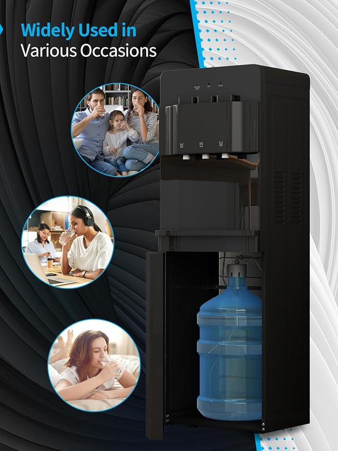 TABU Bottom Loading Water Cooler Dispenser with 3 Temperature Settings of Hot, Cold, Room Water, 3 or 5 Gallon Water Dispenser with Anti-Scalding & Child Safety Lock, Black