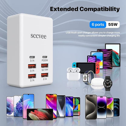 USB C Charger, 55W 6-Port USB Charger Holder Multi-USB Charging Station Desktop Multi-Port USB Charger 2-USB C +4-USB A Compatible with iPhone/Google/Xiaomi/Oppo/Tablet etc.