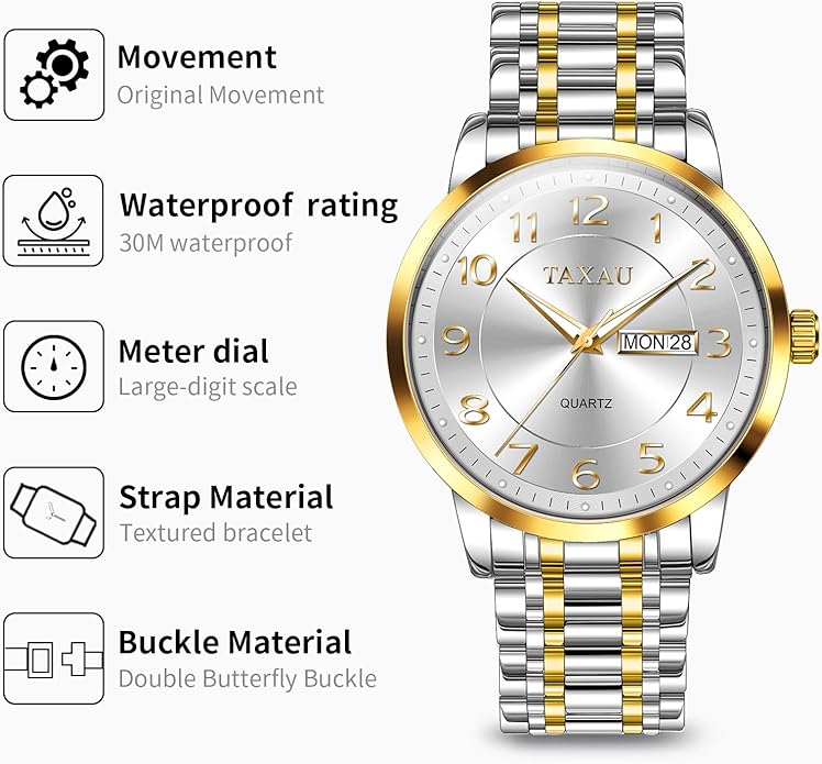 Stainless Steel Mens Watches with Day Date Quartz Analog Large Face Classic Watch Arabic Numerals Dress Luminous Rlojes para Hombres