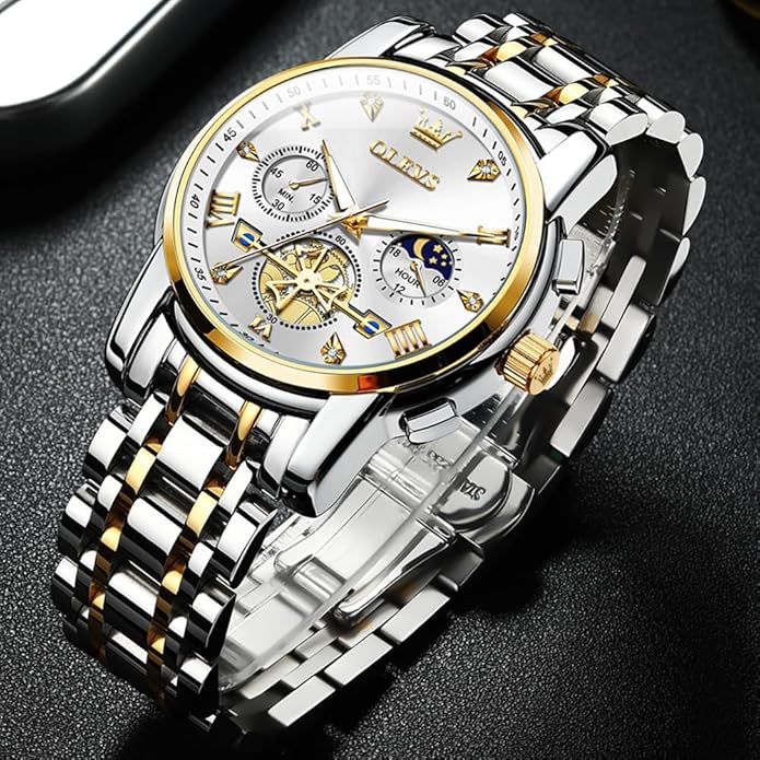 OLEVS Men Silver Watches,Men's Stainless Steel Chronograph Watch,Man Analog Quartz Big Face Male Watches Luxury Waterproof Roman Numeral Dress Diamond Relojes para Hombre