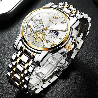 OLEVS Men Silver Watches,Men's Stainless Steel Chronograph Watch,Man Analog Quartz Big Face Male Watches Luxury Waterproof Roman Numeral Dress Diamond Relojes para Hombre